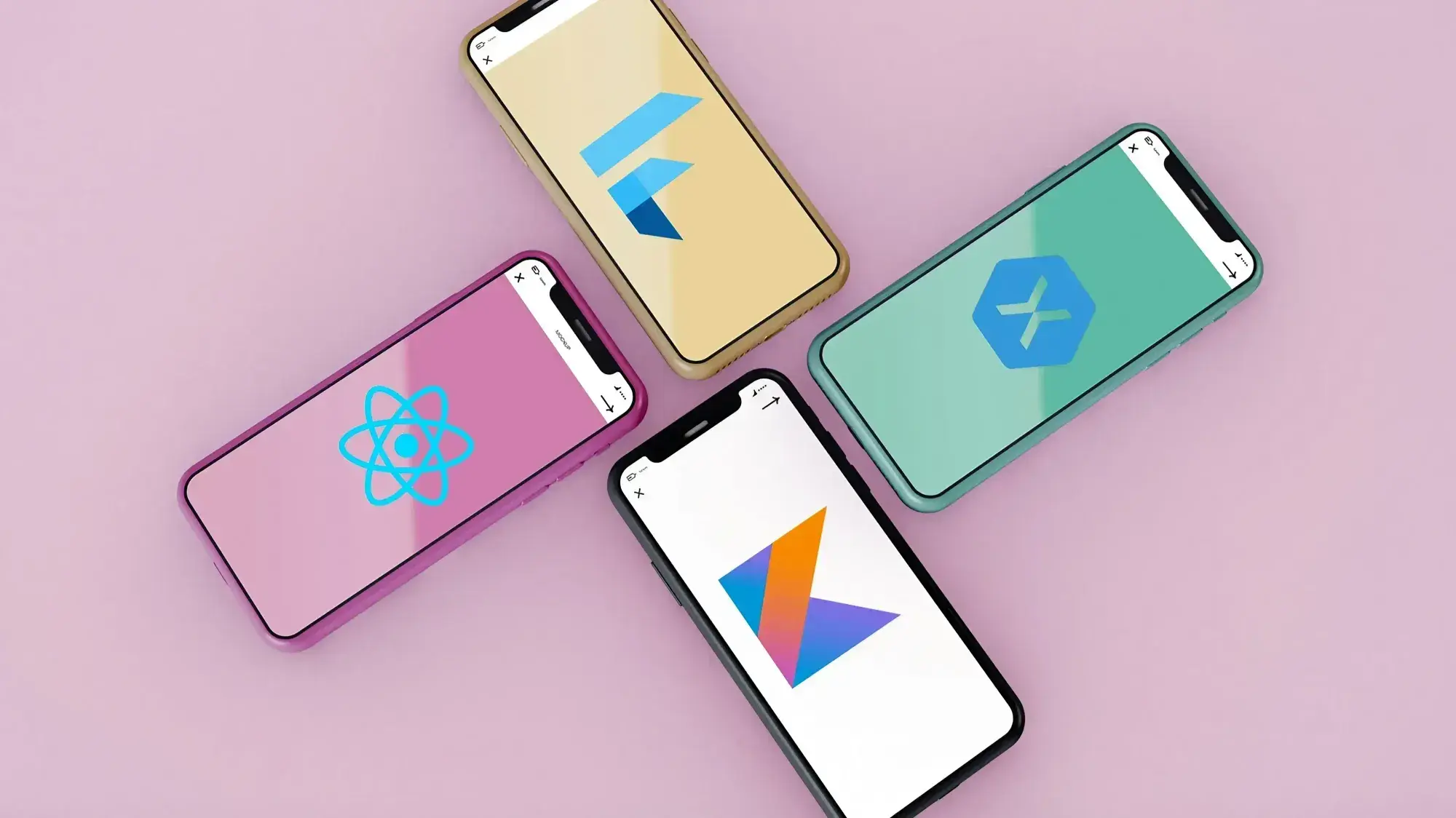 Four smartphones are arranged in an X shape on a gray surface, each displaying logos of popular programming frameworks: React, Flutter, Xamarin, and Kotlin.